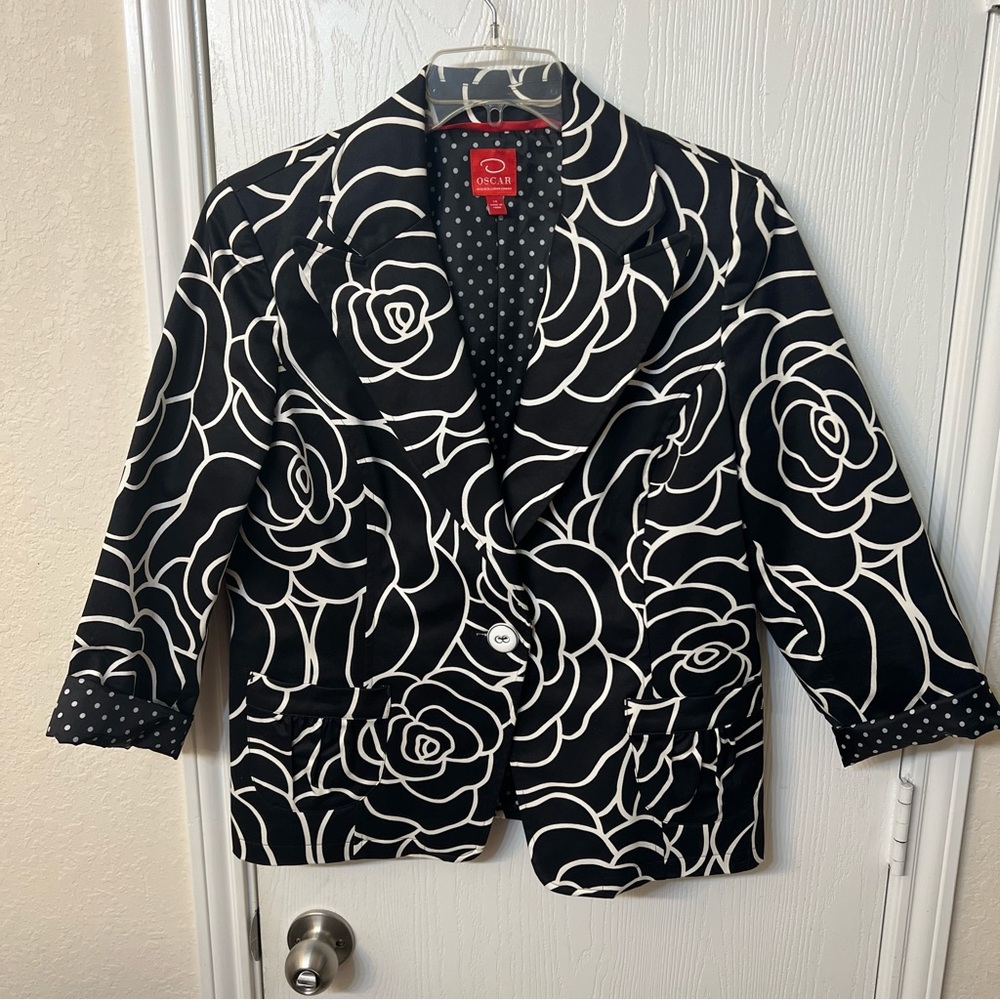 Oscar De La Renta Black & White Floral Blazer w/ Cuffed Sleeves, Women's Size 14